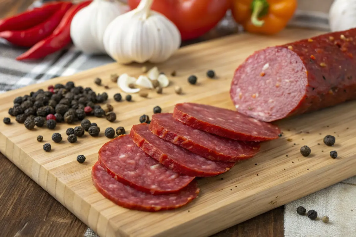 Sliced beef pepperoni on a wooden board with spices