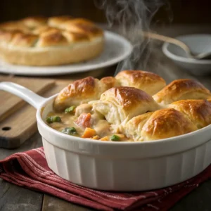 Chicken pot pie with a golden, flaky crescent roll crust in a baking dish