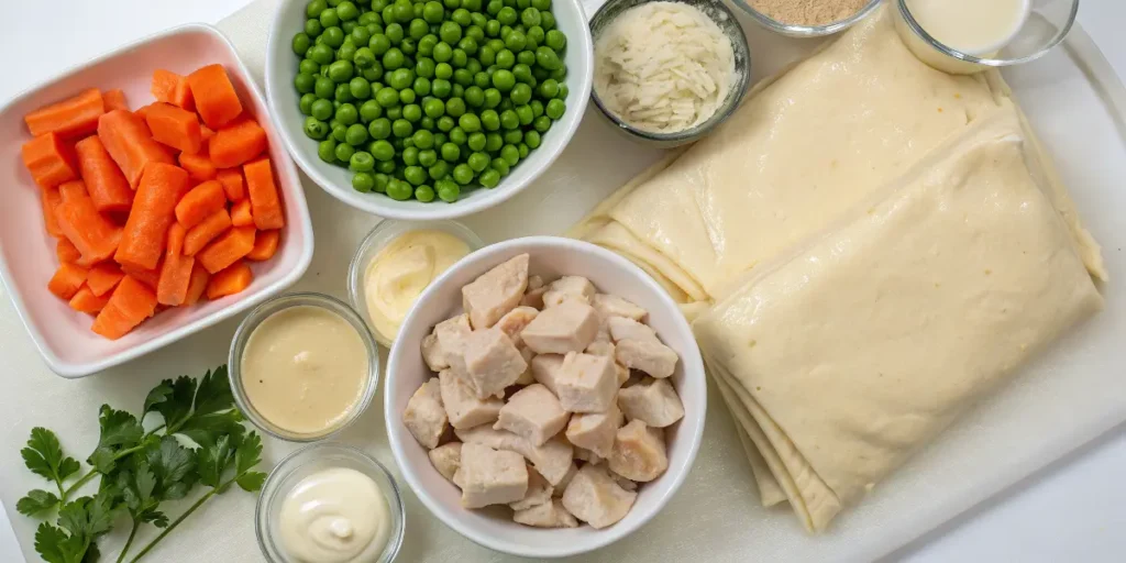 Ingredients for chicken pot pie with crescent rolls on a kitchen counter