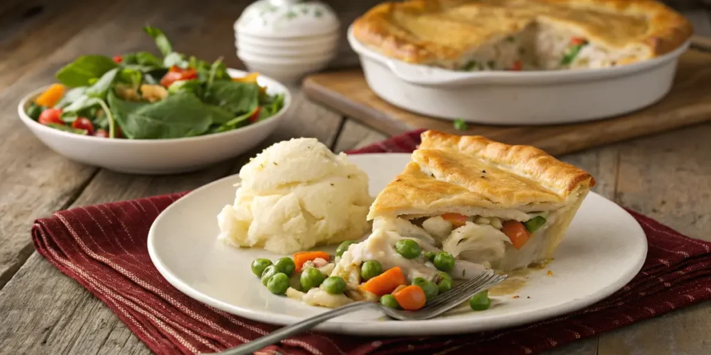 Plated chicken pot pie with a side salad and mashed potatoes