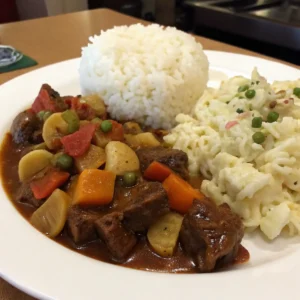 Hawaiian beef stew featuring tender beef and vegetables, served alongside rice