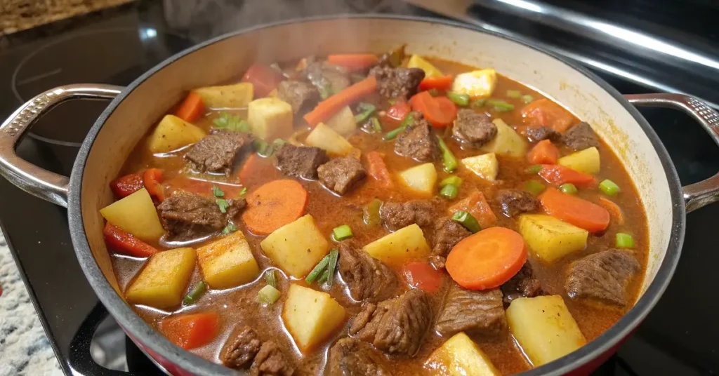 Hawaiian beef stew simmering with beef and vegetables