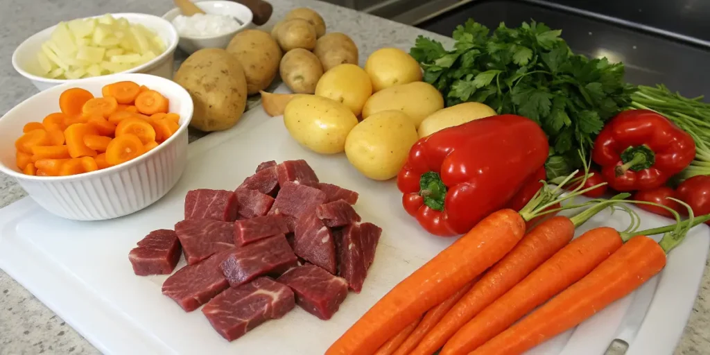 Ingredients for Hawaiian beef stew on a wooden board