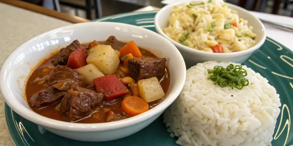 Hawaiian beef stew served with rice and macaroni salad