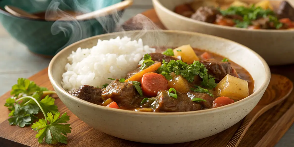 Hawaiian beef stew with tender beef and vegetables served with rice