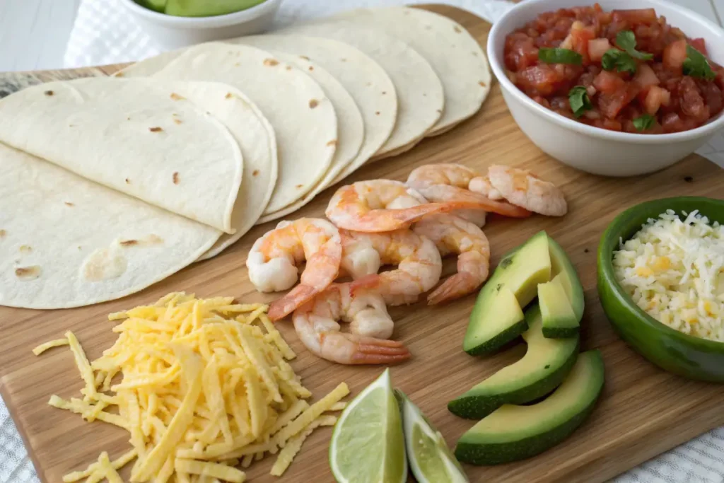 Ingredients for making a shrimp burrito, including shrimp, cheese, and tortillas.