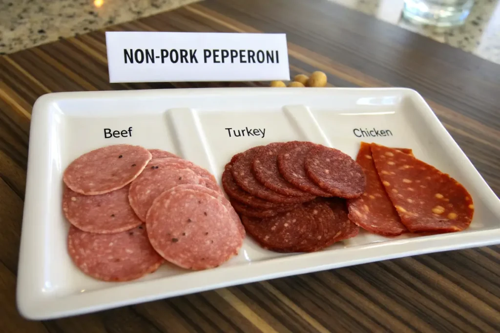 Different types of non-pork pepperoni including beef, turkey, and chicken