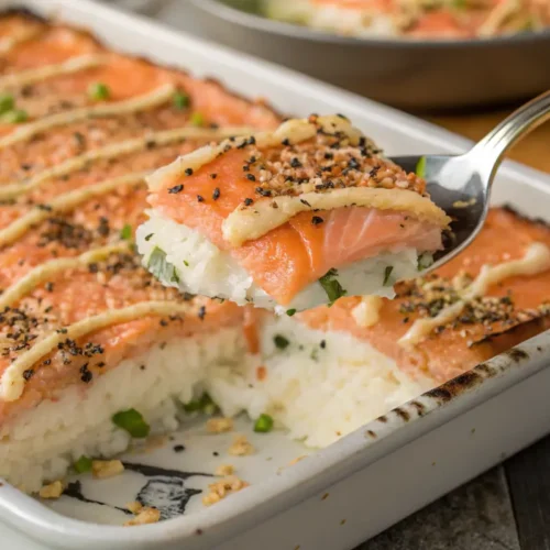 Golden-baked salmon sushi bake with spicy mayo and furikake.