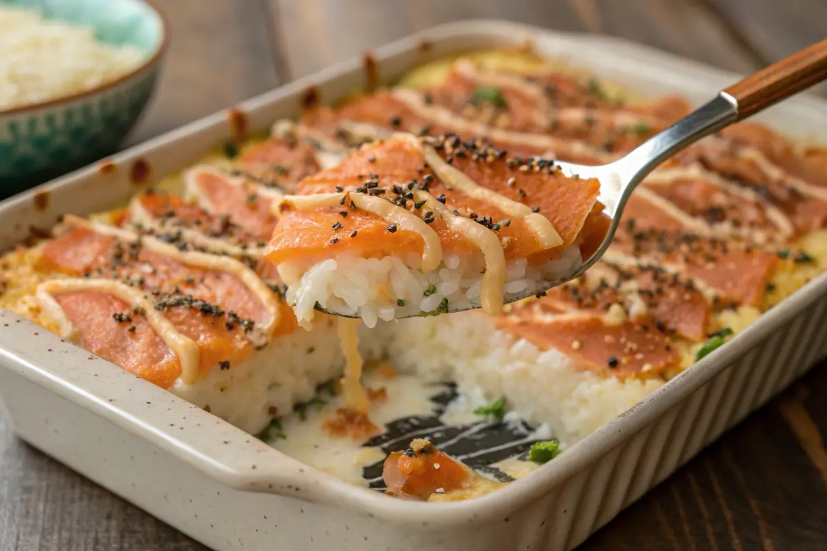 Freshly baked salmon sushi bake with spicy mayo and furikake.