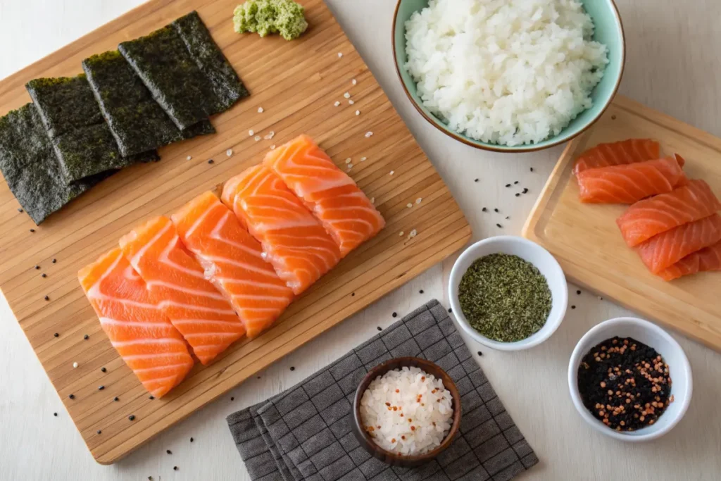 Fresh ingredients for making salmon sushi bake, including sushi rice, salmon, and nori.