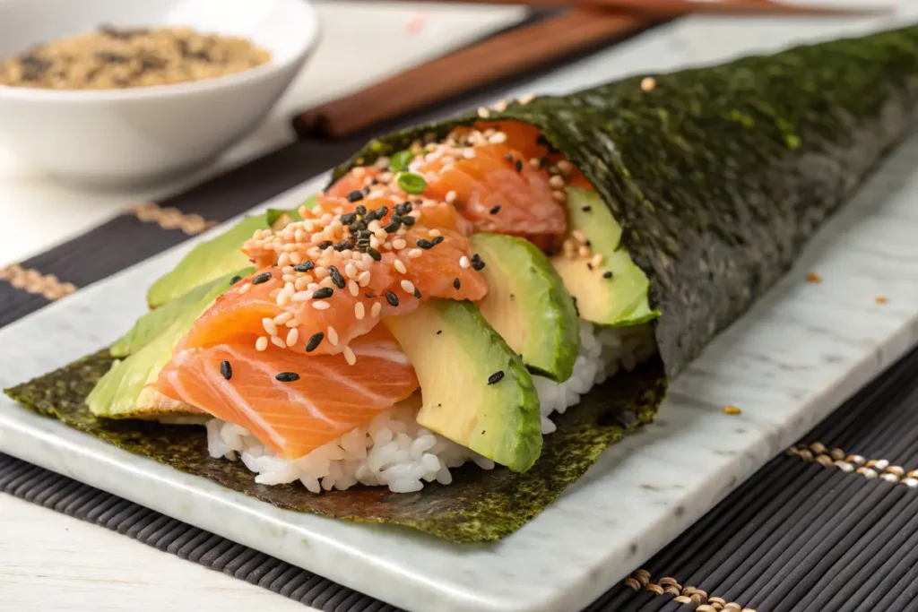 Salmon sushi bake served on a nori sheet with avocado.