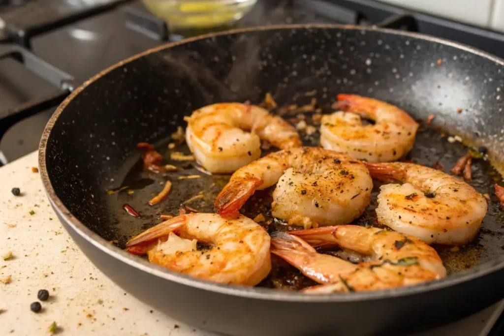 Shrimp cooking in a skillet with garlic and chili seasoning.