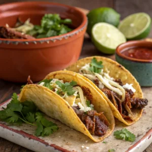 Crunchy birria tacos filled with tender shredded beef and served with consommé.