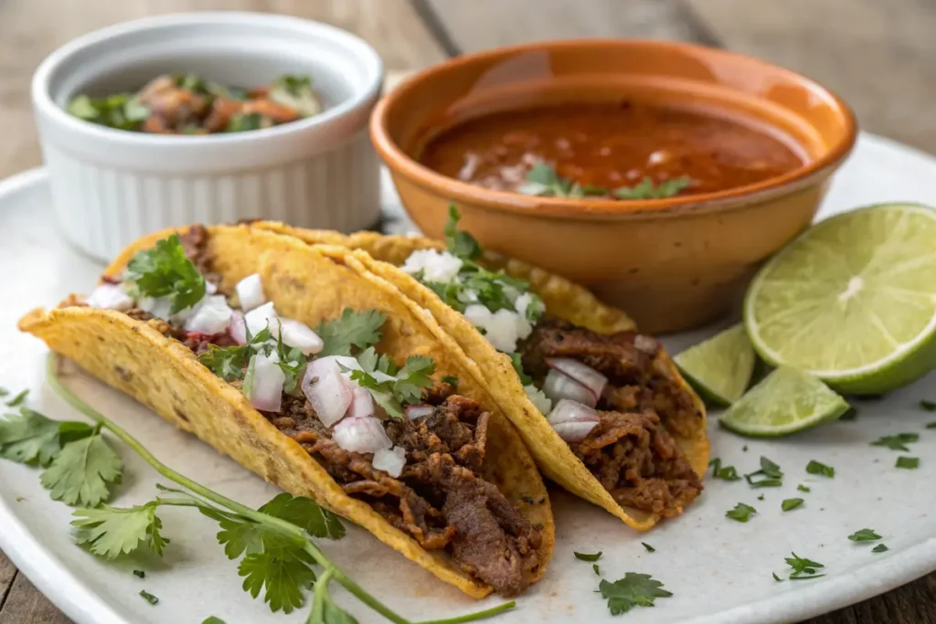 Birria tacos cut in half with melted cheese