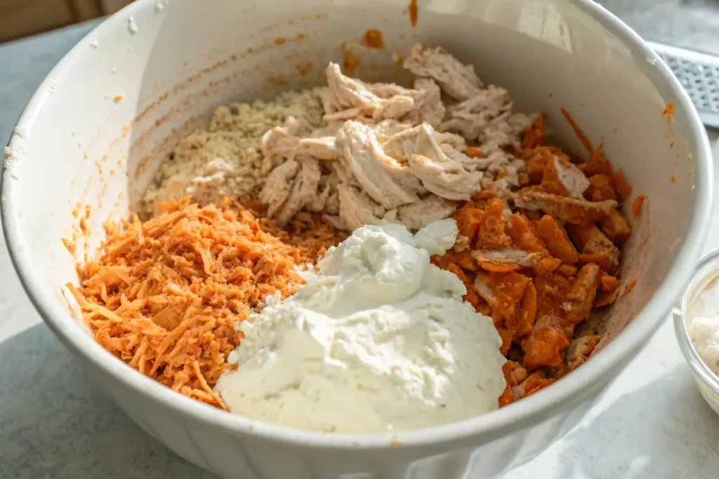 Ingredients for buffalo chicken dip before baking