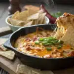 Warm and creamy buffalo chicken dip with gooey melted cheese.