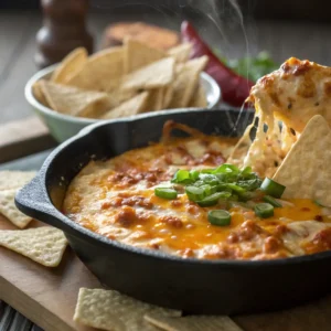 Warm and creamy buffalo chicken dip with gooey melted cheese.