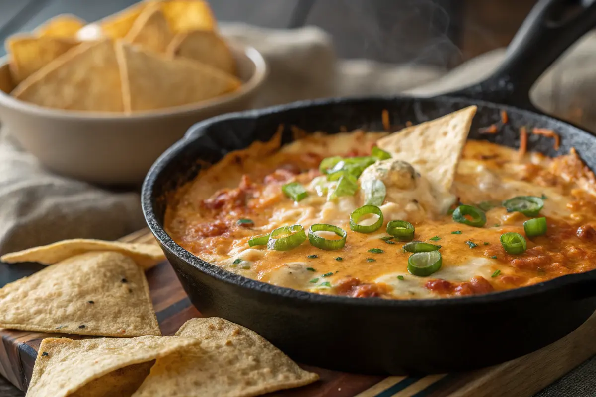 Hot and creamy buffalo chicken dip recipe with melted cheese