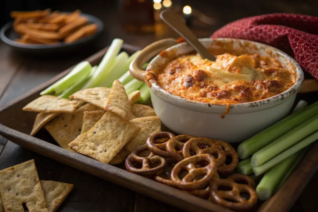 Buffalo chicken dip with chips and celery for dipping