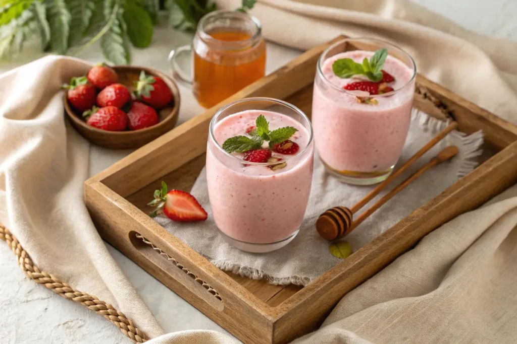 Two glasses of chilled strawberry lassi with fresh strawberries