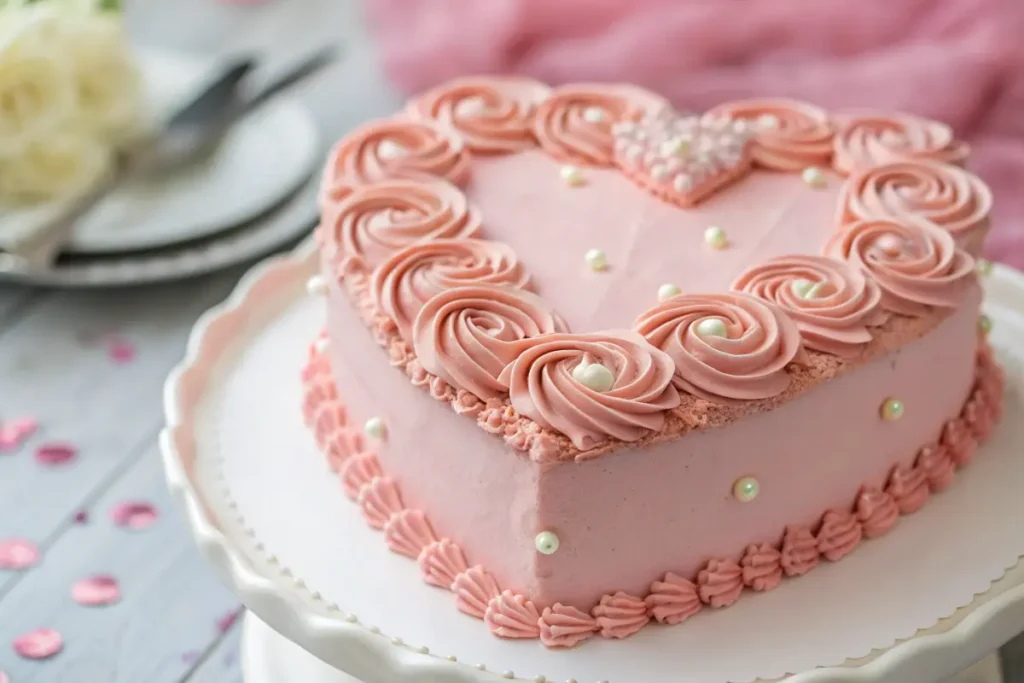 Beautiful heart cake with pink buttercream and pearl decorations