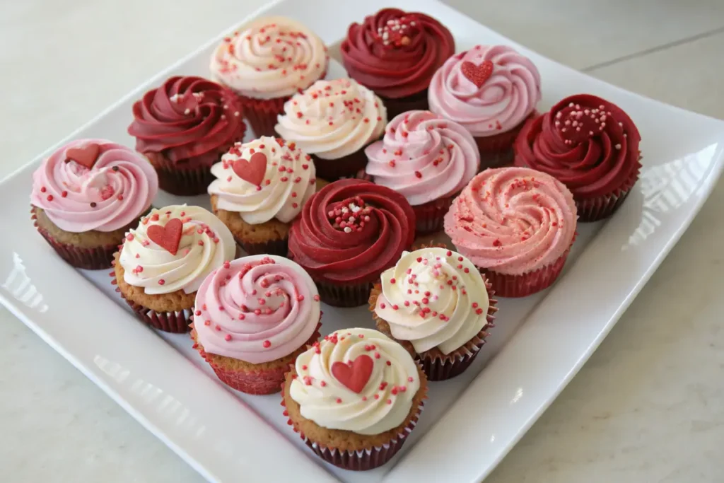 Heart-shaped cupcake cake with pink and red frosting