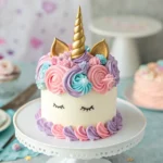 Enchanting unicorn cake with a golden horn and pastel buttercream mane.