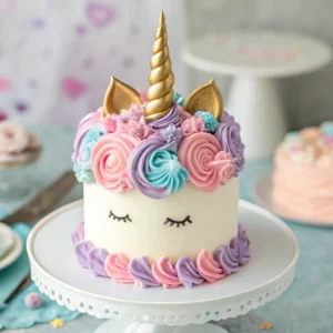 Enchanting unicorn cake with a golden horn and pastel buttercream mane.