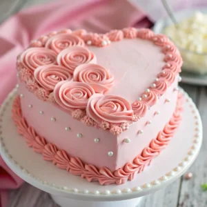 Elegant heart-shaped cake with pink buttercream and delicate pearl accents.