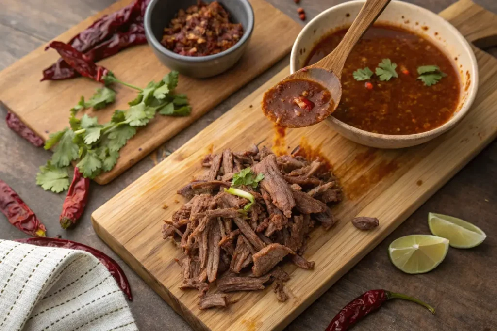 Shredded birria beef ready for tacos