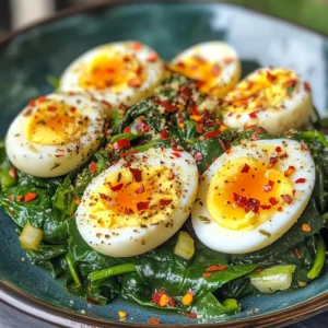 Halved soft-boiled eggs with runny yolks on a bed of sautéed spinach, sprinkled with black pepper and red chili flakes.