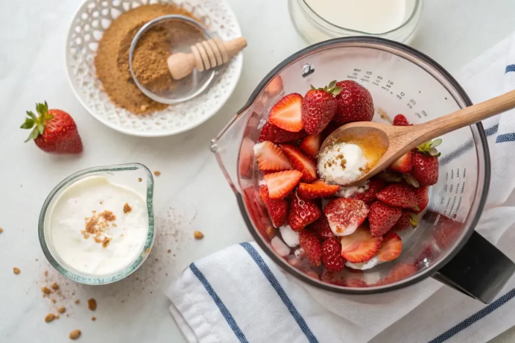 Blender with ingredients for making strawberry lassi