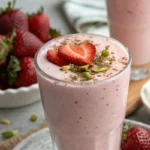 Refreshing strawberry lassi topped with fresh strawberries