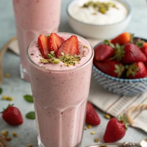 Refreshing strawberry lassi topped with fresh strawberries