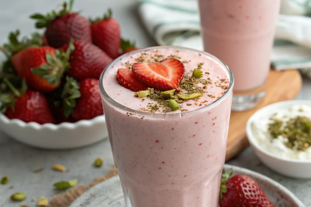 Refreshing strawberry lassi topped with fresh strawberries