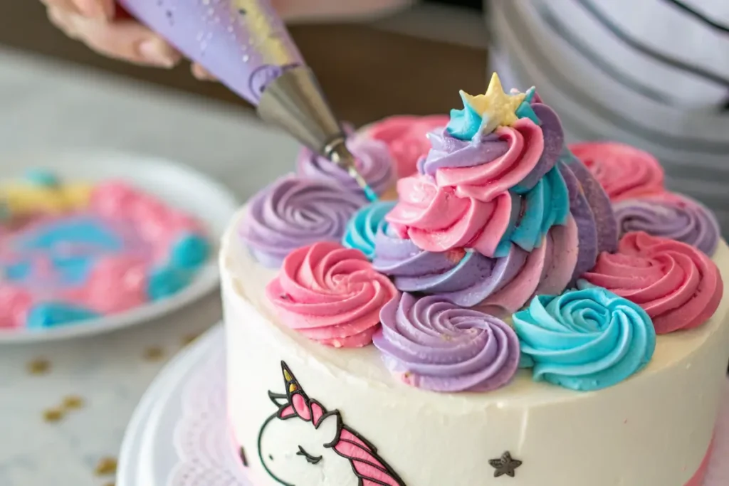 Piping colorful buttercream mane on a unicorn cake