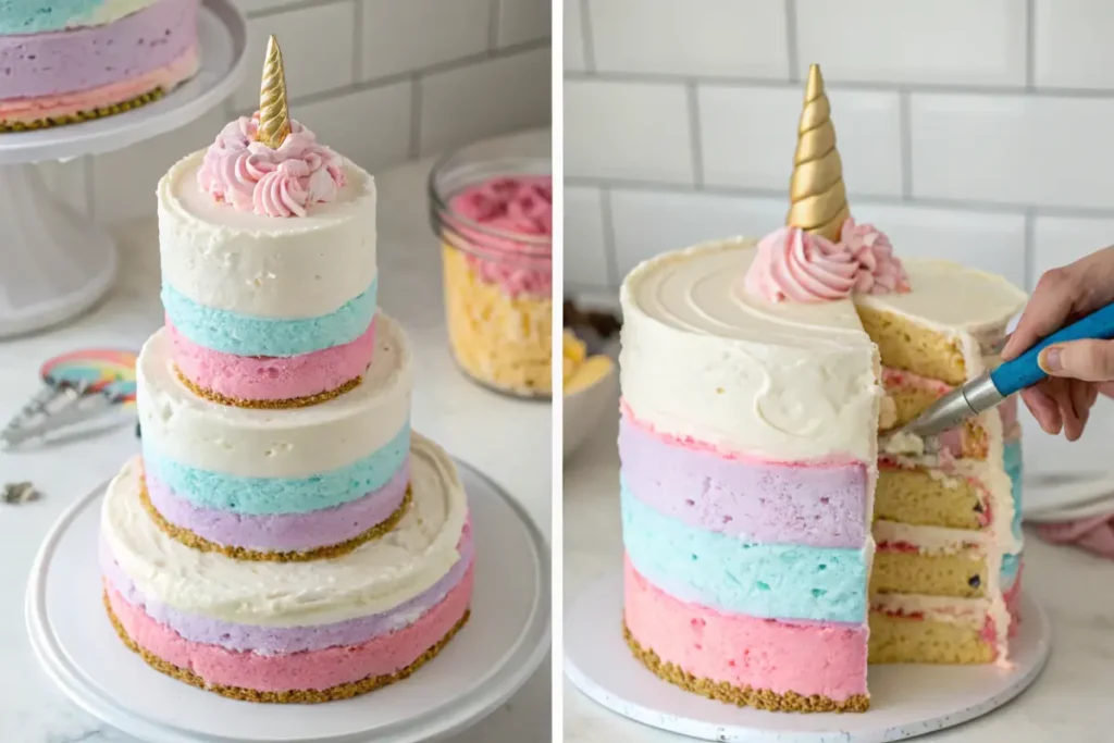 Stacking cake layers for a unicorn cake with buttercream filling