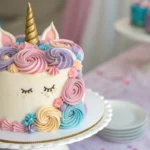 Beautifully decorated unicorn cake with a golden horn and pastel buttercream mane