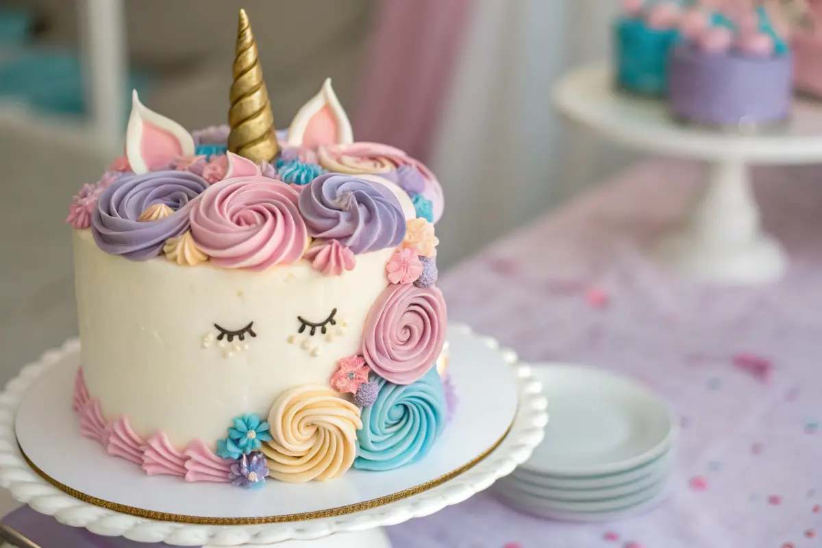 Beautifully decorated unicorn cake with a golden horn and pastel buttercream mane