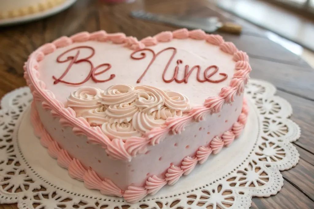 Vintage heart cake with pastel pink frosting and piped lettering