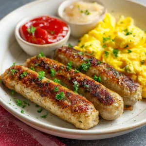 Plate of golden-brown chicken breakfast sausages garnished with parsley, served with creamy scrambled eggs, ketchup, and applesauce.