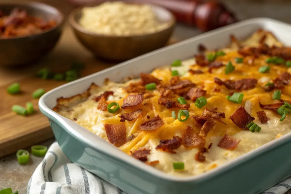 Chicken ranch potato bake with melted cheese, bacon, and green onions
