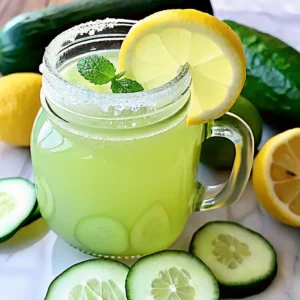 Refreshing cucumber lemonade garnished with lemon and cucumber slices on a sunlit table.