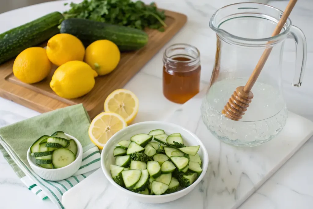 ingredients for making fresh cucumber lemonade at home