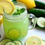 fresh cucumber lemonade with lemon and cucumber slices on sunny table
