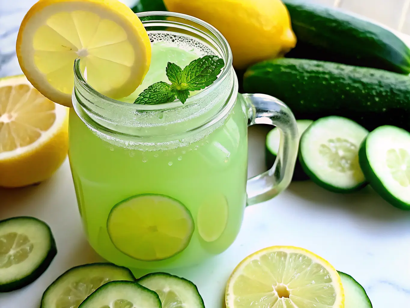 fresh cucumber lemonade with lemon and cucumber slices on sunny table