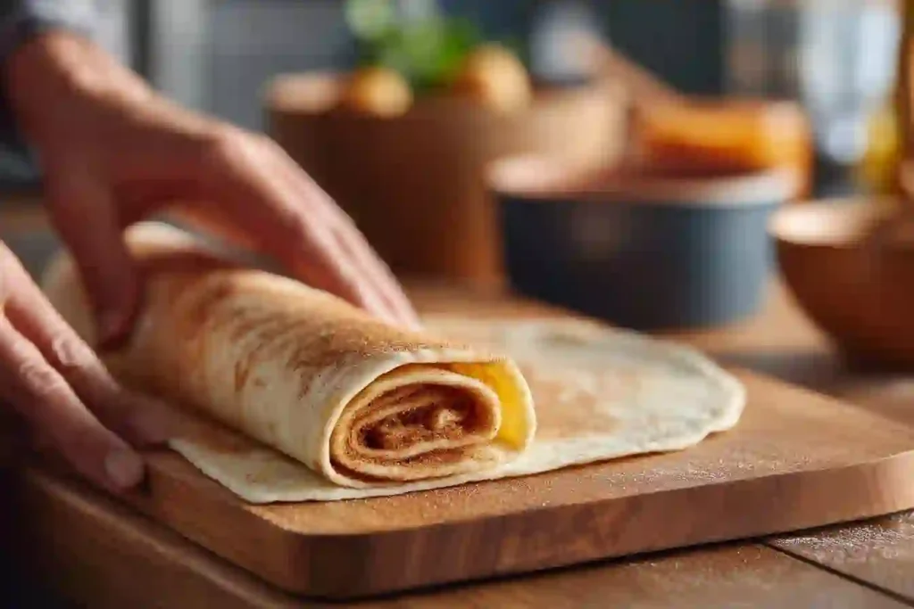 Rolling up tortilla cinnamon rolls