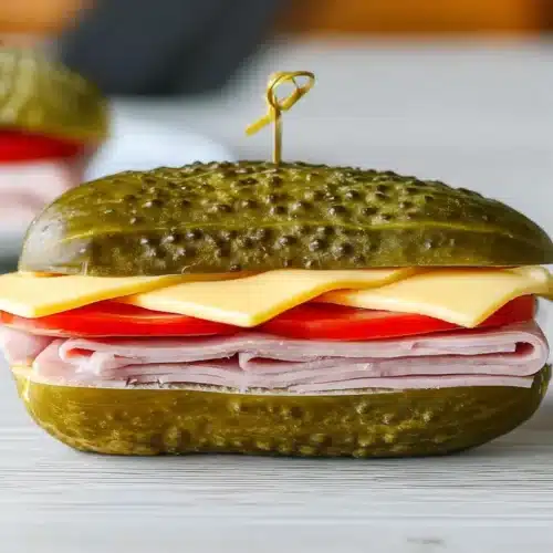 A top-down shot of a unique sandwich made with pickle halves instead of bread, filled generously with sliced meat and cheese.
