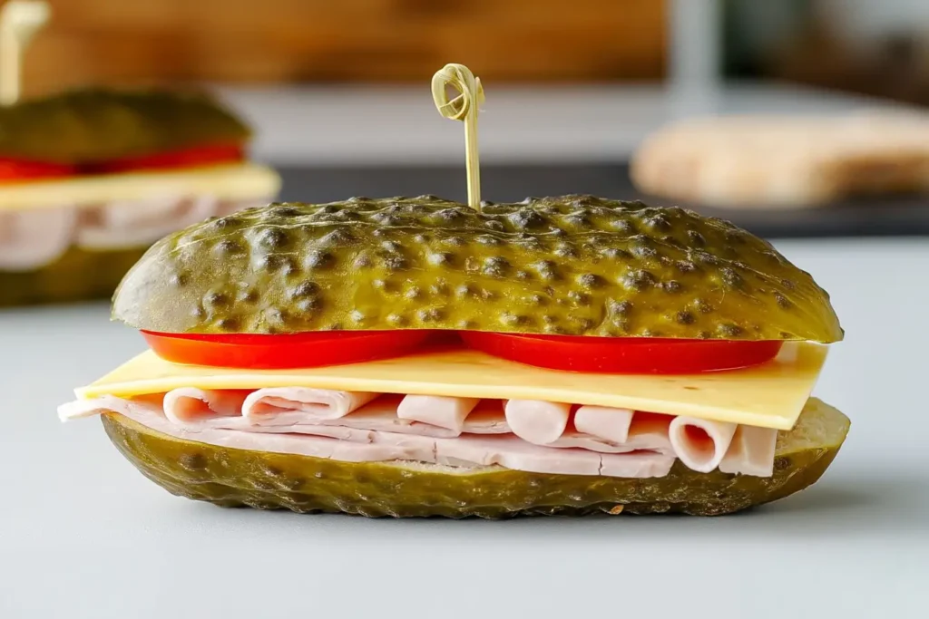 Pickle sandwich with deli meat and cheese