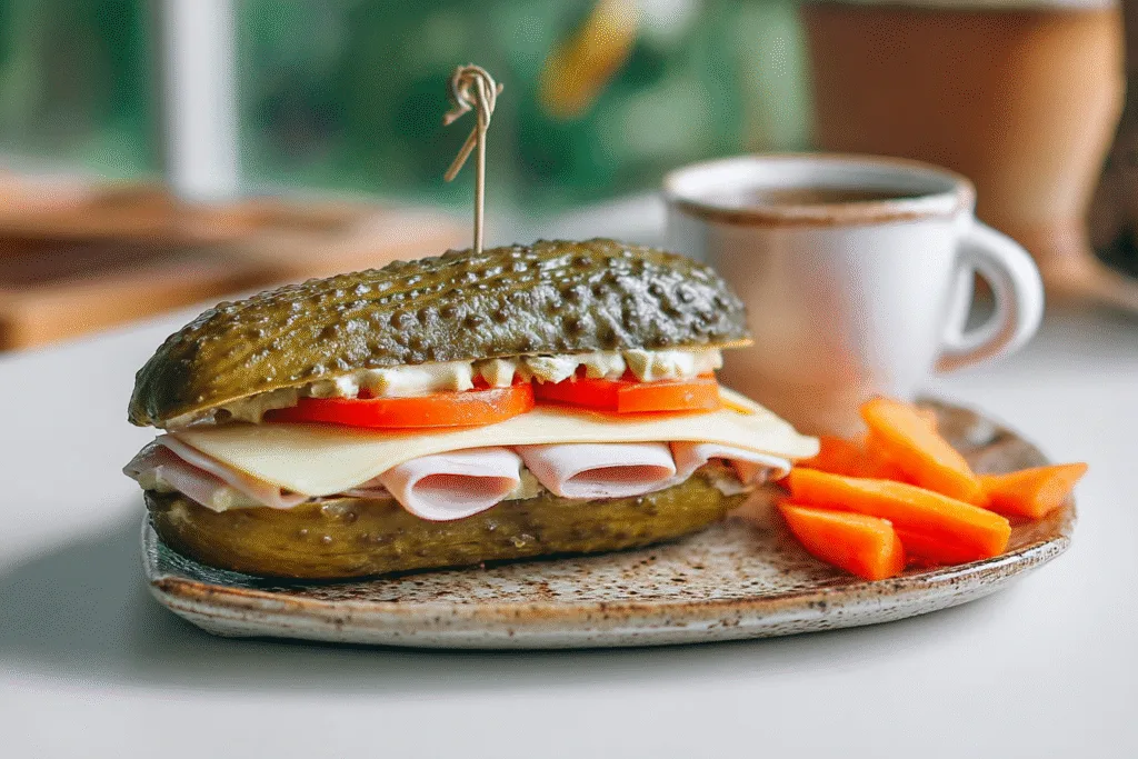 Served pickle sandwich with sides